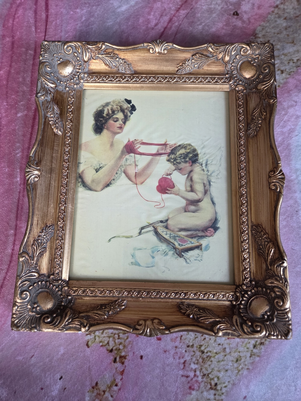 Woman & Cherub Pressed Silk Art Painting Gilded Gold Ornate Frame Older Piece